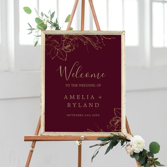 Affiche Mariage doré Floral Bourgogne Or (Gilded Floral Burgundy Gold Wedding Welcome Poster)