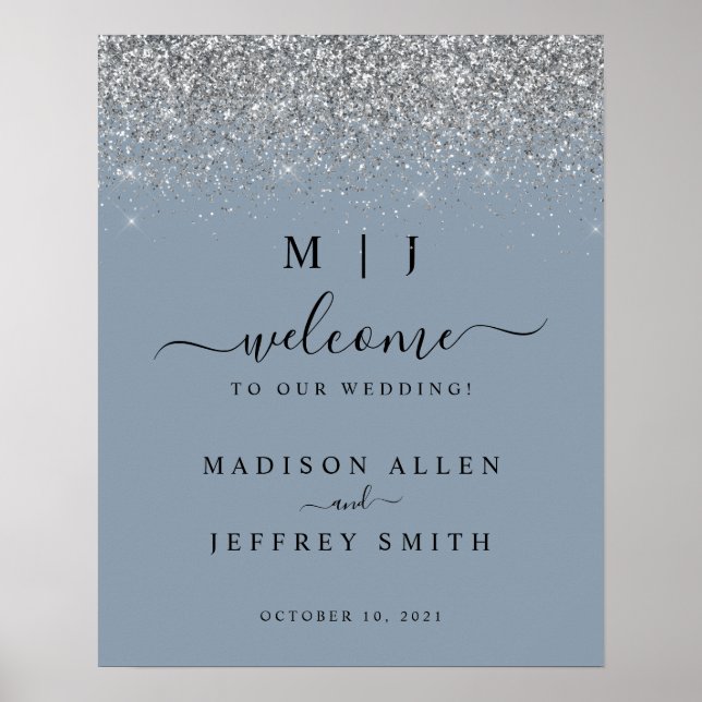 Affiche Mariage Dusty Blue & Silver Parties scintillant Af (Devant)