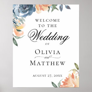 Affiche Mariage élégant bienvenue botanique pêche bleue