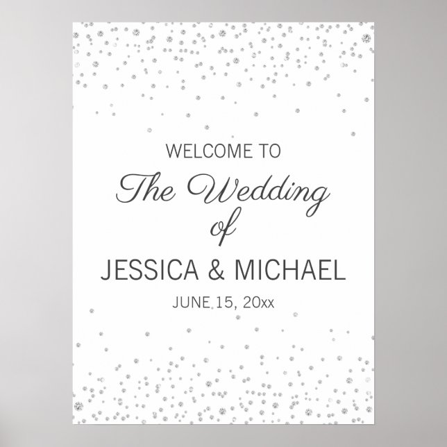 Affiche Mariage élégant blanc argent diamant paillettes (Devant)