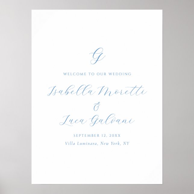 Affiche Mariage élégant bleu et blanc de style côtier chic (Devant)