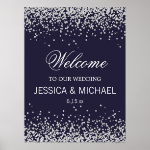 Affiche Mariage élégant bleu marine paillettes argent scin
