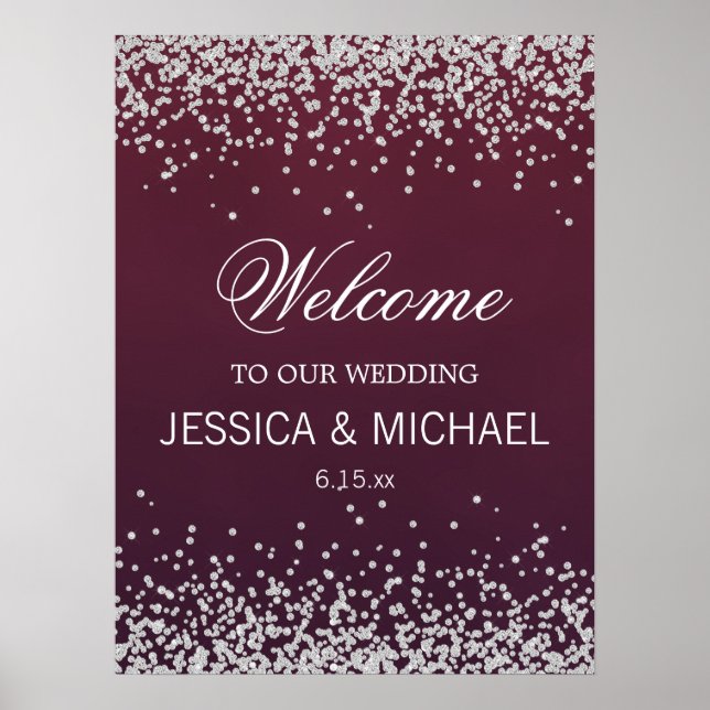 Affiche Mariage Élégant Burgundy Pailleté Argent (Devant)
