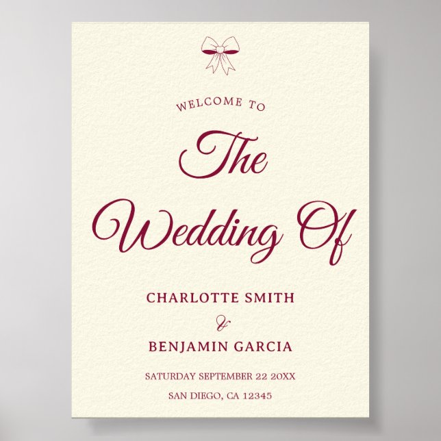 Affiche Mariage Élégant Burgundy Script Crème Ivoire (Devant)