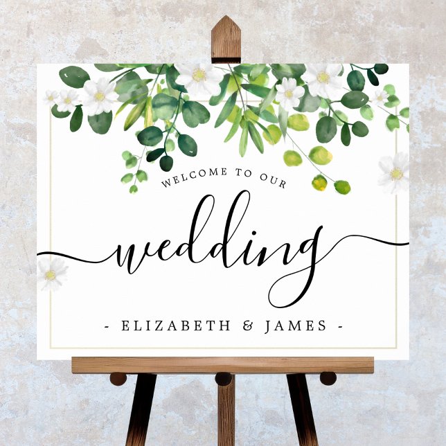 Affiche Mariage Élégant Fantaisie Écriture Aquarelle Verdu (Elegant Wedding Welcome Wedding Sign. Watercolor Eucalyptus design. Stylish calligraphy script.)