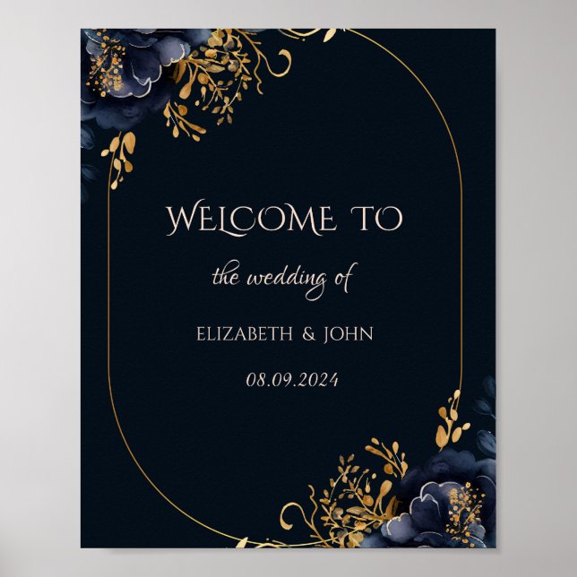Affiche Mariage Élégant Fleurs Bleu Marine (Devant)