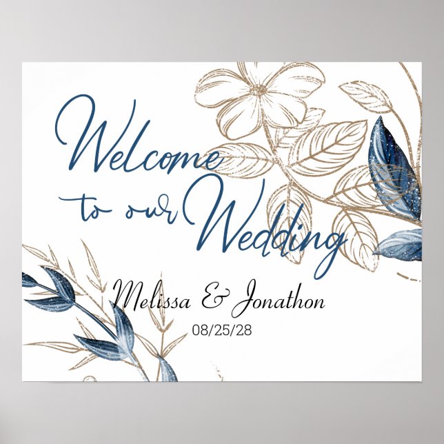 Affiche Mariage Élégant Floral Moderne Or Bleu (Devant)