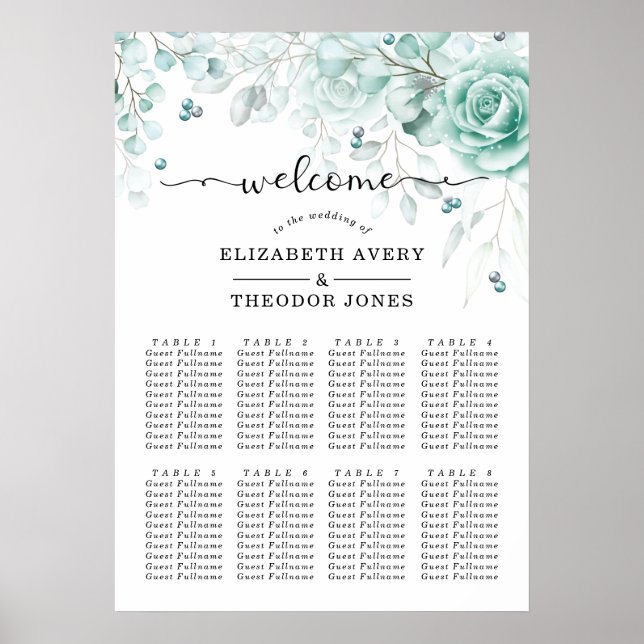 Affiche Mariage élégant floral turquoise (Devant)