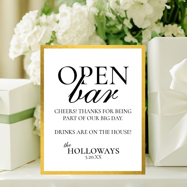 Affiche Mariage Élégant Moderne Bar Ouvert Noir et Blanc (Modern Elegant Black and White Open Bar Wedding Poster)