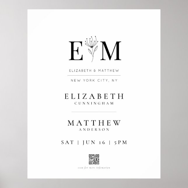 Affiche Mariage Elegant Moderne Foliage QR Code Bienvenue (Devant)
