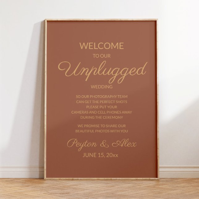 Affiche Mariage élégant non branché Terracotta Rust  (Terracotta/burnt orange "Unplugged" wedding poster for your fall/autumn/winter wedding)
