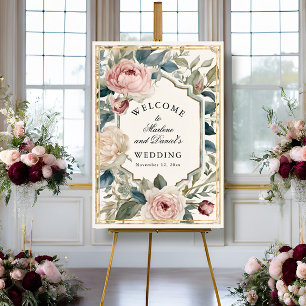 Affiche Mariage élégant Pony Floral Rose et Or Français