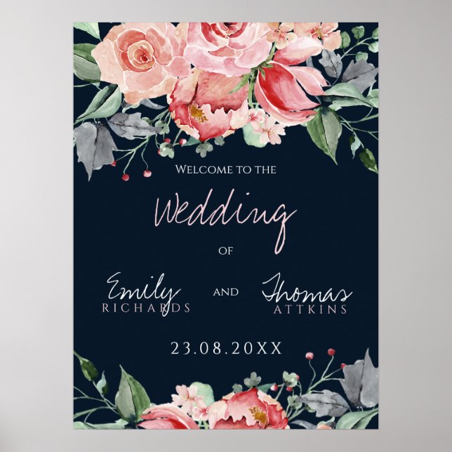 Affiche Mariage élégant rose poudré marine écriture (Devant)