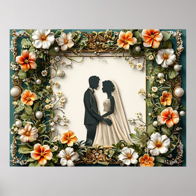 Affiche Mariage élégant silhouette avec décor de cadre flo (Devant)
