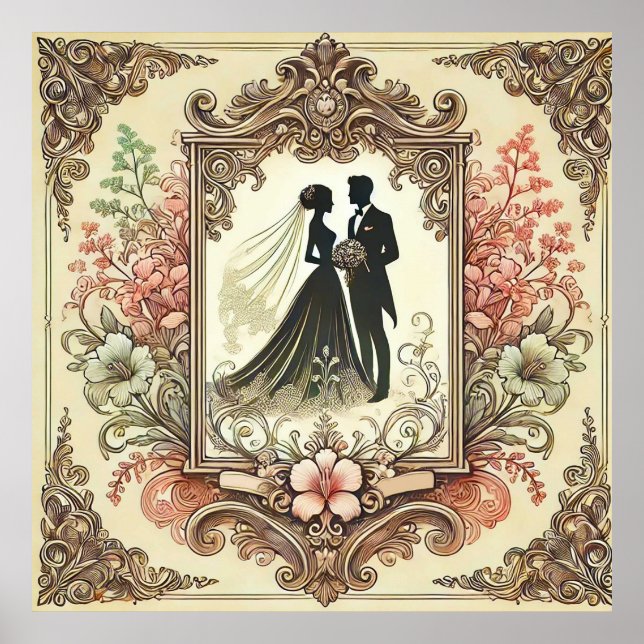Affiche Mariage Élégant Silhouette Encadrée (Devant)