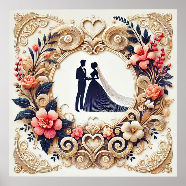 Affiche Mariage Élégant Silhouette Encadrée (Devant)