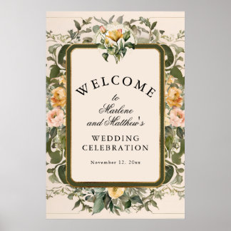 Affiche Mariage élégant victorien floral jaune français