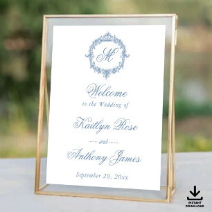 Affiche Mariage Élégant Vintage Bleu Toile Monogram