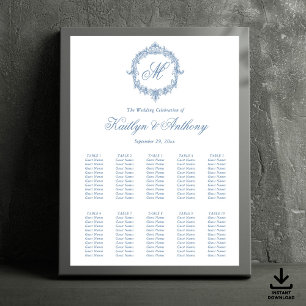 Affiche Mariage Élégant Vintage Bleu Toile Monogramme