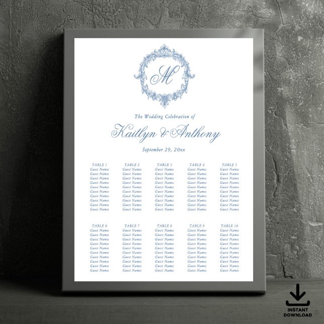 Affiche Mariage Élégant Vintage Bleu Toile Monogramme (Créateur téléchargé)