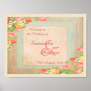 Affiche Mariage Élégant Vintage Roses Bienvenue