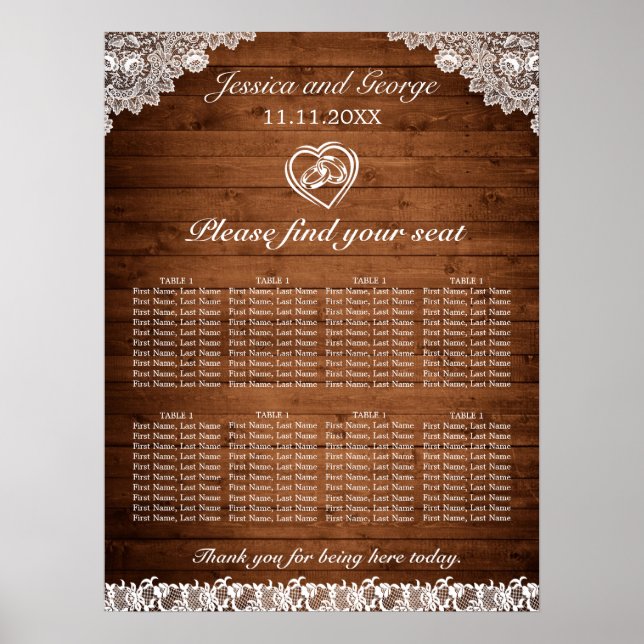 Affiche Mariage en bois rustique et dentelle blanche (Devant)