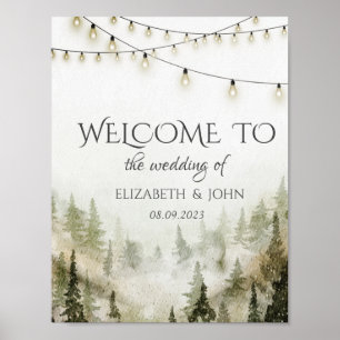 Affiche Mariage en forêt, bois, pins, guirlandes lumineuse