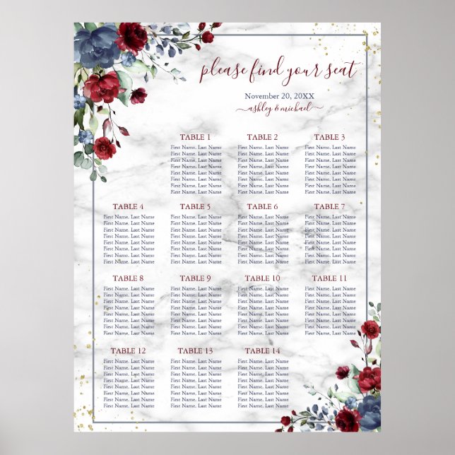 Affiche Mariage en marbre floral Dusty Burgundy (Devant)