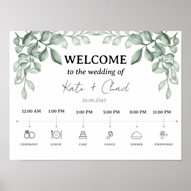 Affiche Mariage Feuille vert Bienvenue & Timeline (Devant)