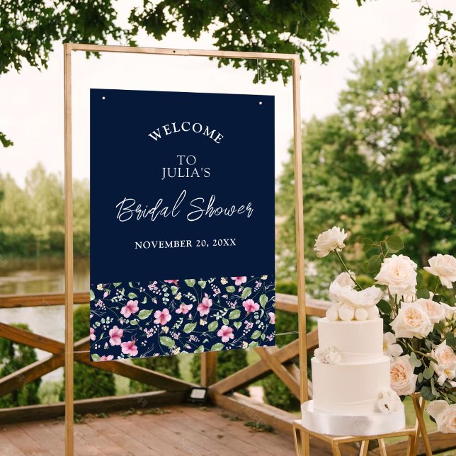 Affiche Mariage Fleur d'Hibiscus Rose Bleu Navy Poussiéreu (Créateur téléchargé)
