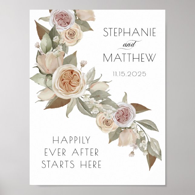 Affiche Mariage fleuri botanique fluide rose poussiéreux p (Devant)