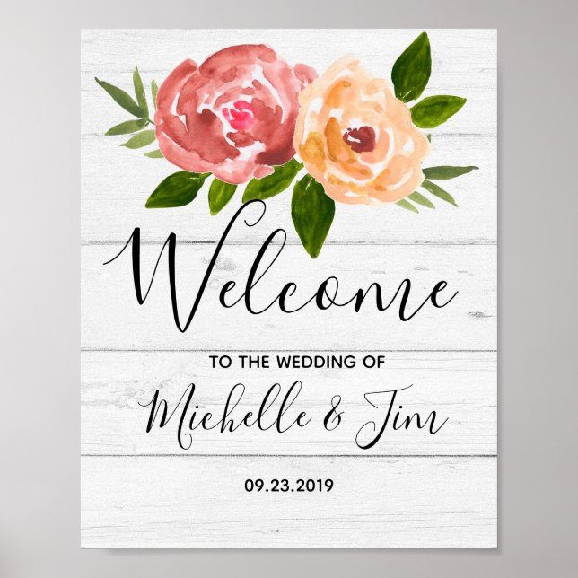 Affiche Mariage fleuri en bois rustique (Devant)