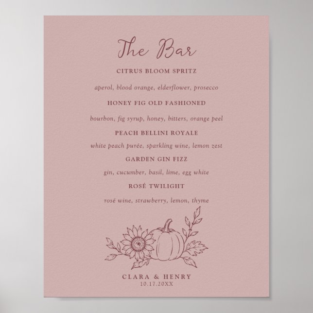 Affiche Mariage Fleurs de Citrouille et Tournesol Boissons (Devant)