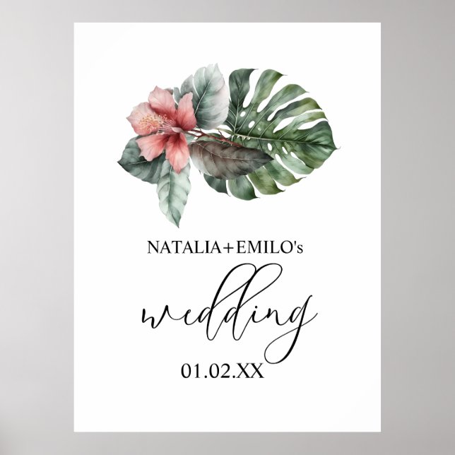 Affiche Mariage floral à feuille de monstera aquarelle (Devant)