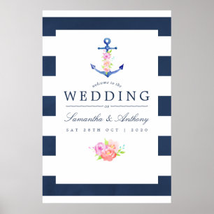 Affiche Mariage floral à thème nautique à l'aquarelle