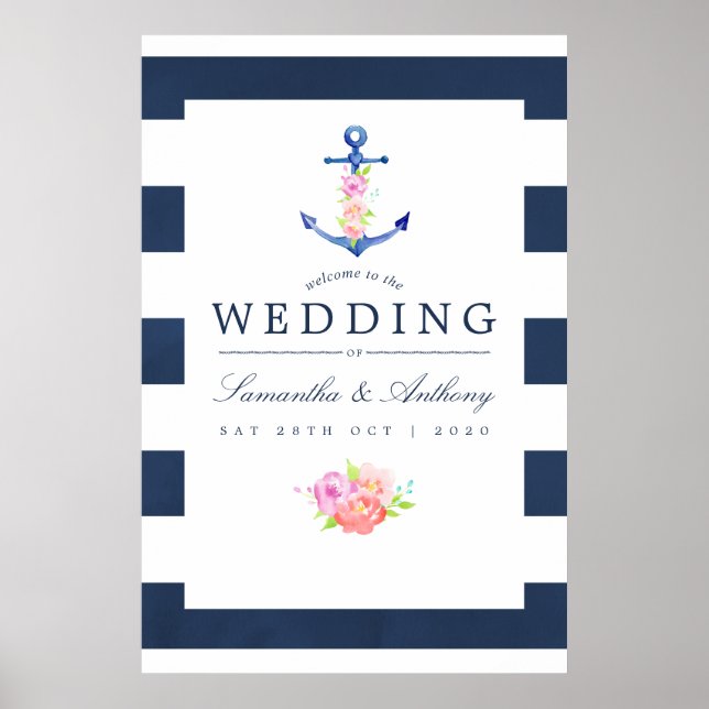 Affiche Mariage floral à thème nautique à l'aquarelle (Devant)