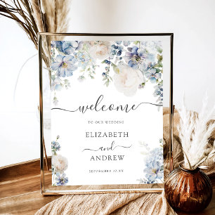 Affiche Mariage floral blanc et bleu chic