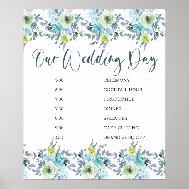 Affiche Mariage Floral bleu clair jaune vert Horaire (Devant)