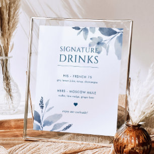 Affiche Mariage floral bleu foncé Signature Boissons Signa