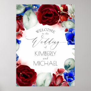 Affiche Mariage floral bleu marine et bourgogne Bienvenue