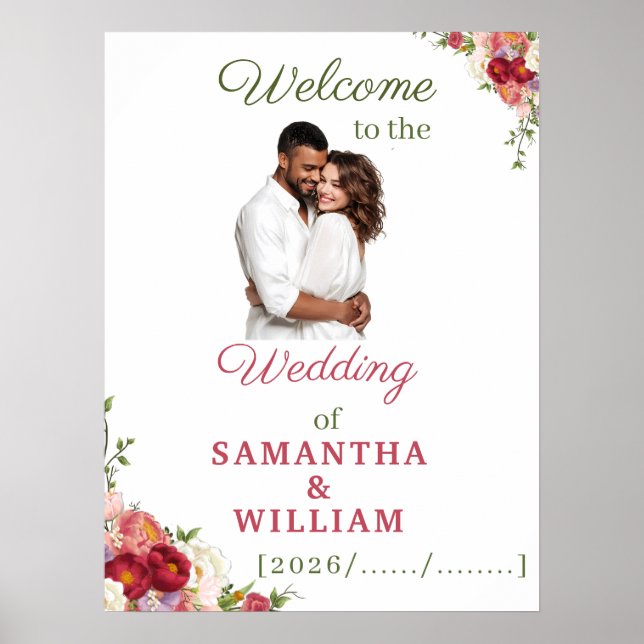 Affiche Mariage floral bordeaux et rose élégant  (Devant)