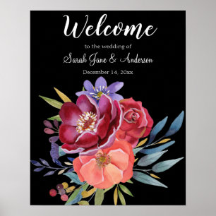 Affiche Mariage floral bordeaux et violet - Noir