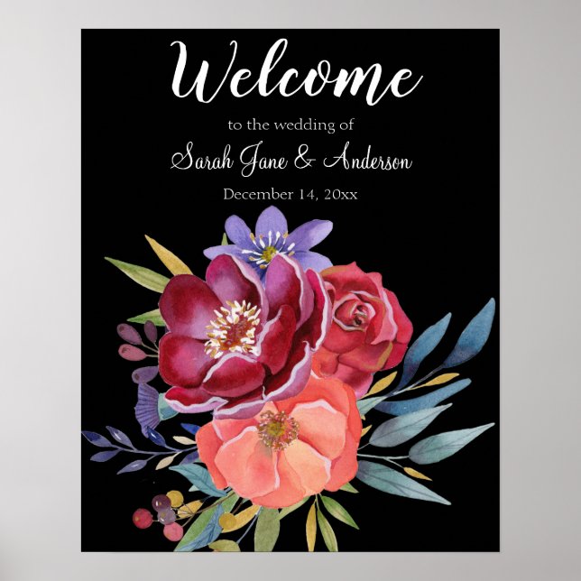 Affiche Mariage floral bordeaux et violet - Noir (Devant)