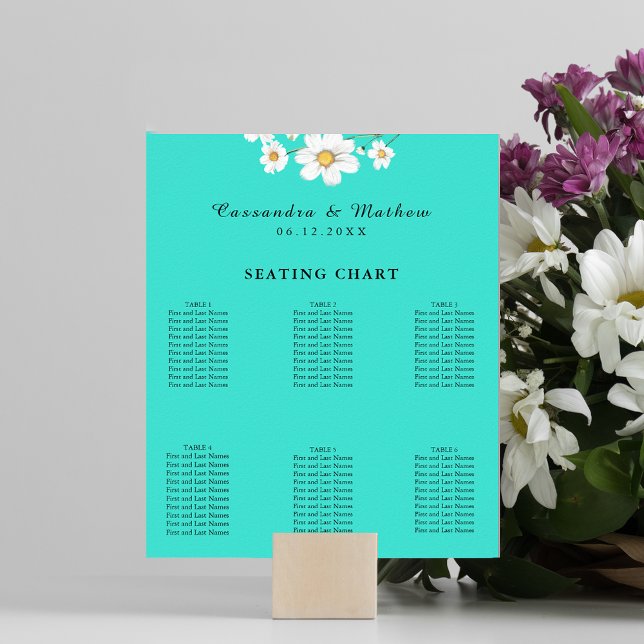 Affiche Mariage floral de marguerite turquoise 60 places (Turquoise Daisy Floral Wedding 60 Seating Chart 8x10 size)