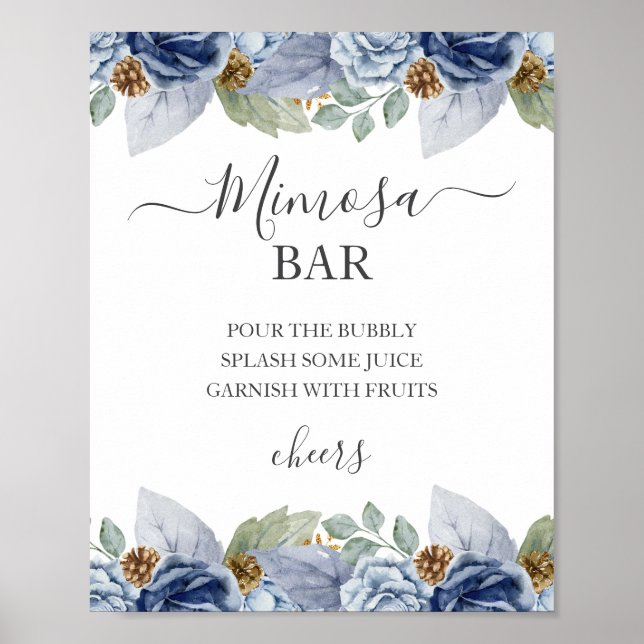 Affiche Mariage Floral d'hiver bleu rustique (Devant)