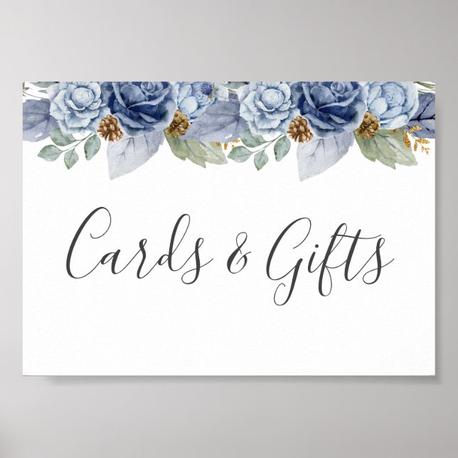 Affiche Mariage Floral d'hiver bleu rustique (Devant)