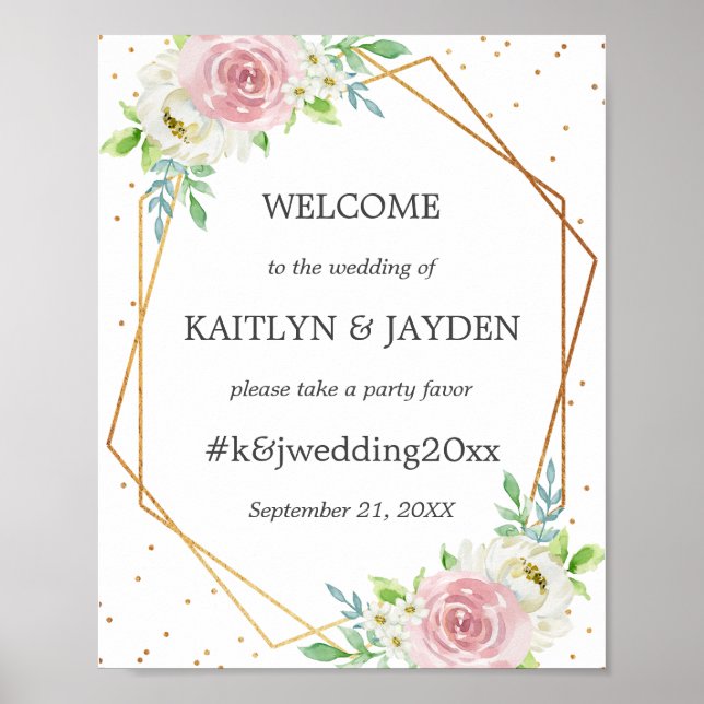 Affiche Mariage Floral Géométrique Chic avec Feuille d'Or (Devant)