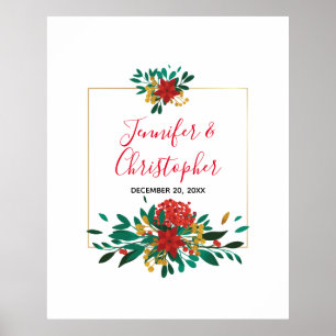 Affiche Mariage floral moderne Red Green & Gold Christmas