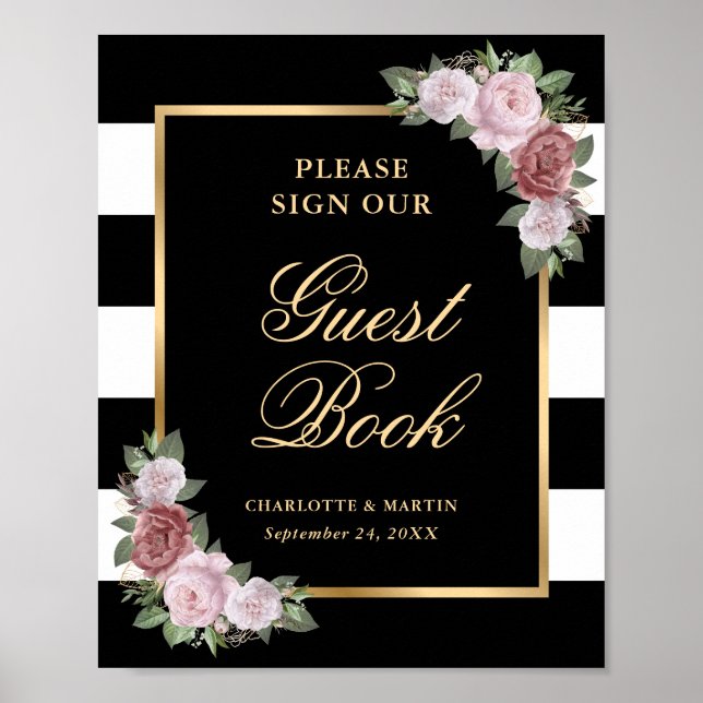 Affiche Mariage Floral Noir Rose Blush Signal (Devant)