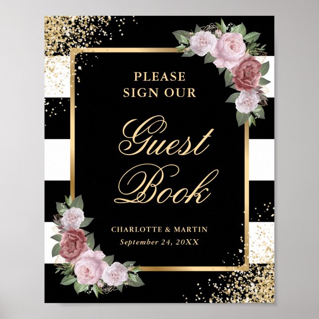 Affiche Mariage Floral Noir Rose Blush Signal (Devant)